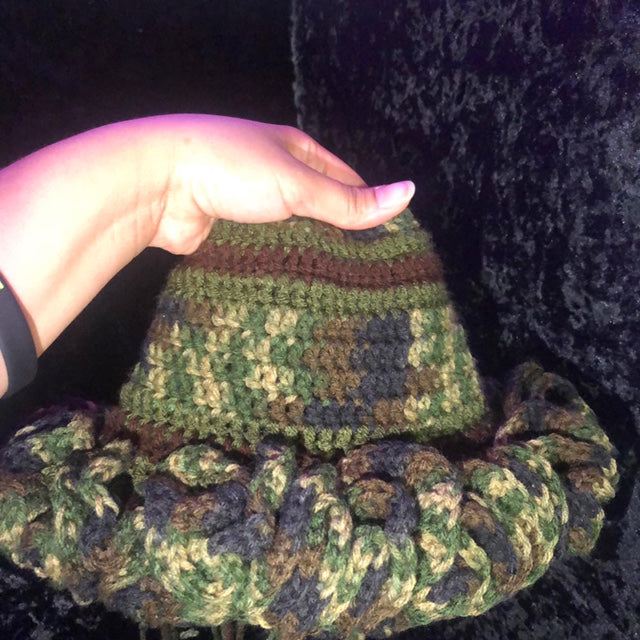 Camo Deluxe Ruffle Hat | Crochet Beanie Bucket Hat | Army Print